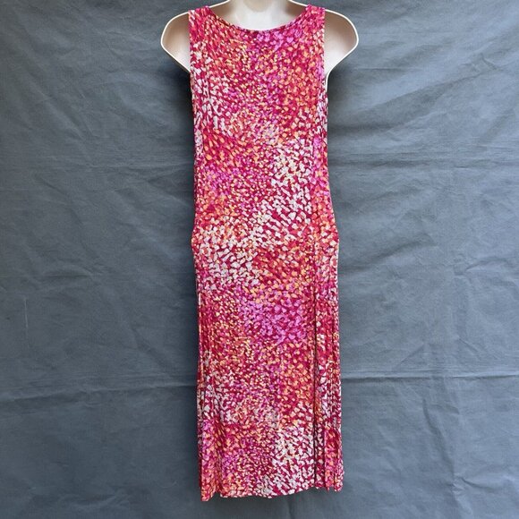 J. Jill Size 10 Ruched Sleeveless Midi Pink Red Orange Sun Dress Beachy Romantic - Picture 2 of 7
